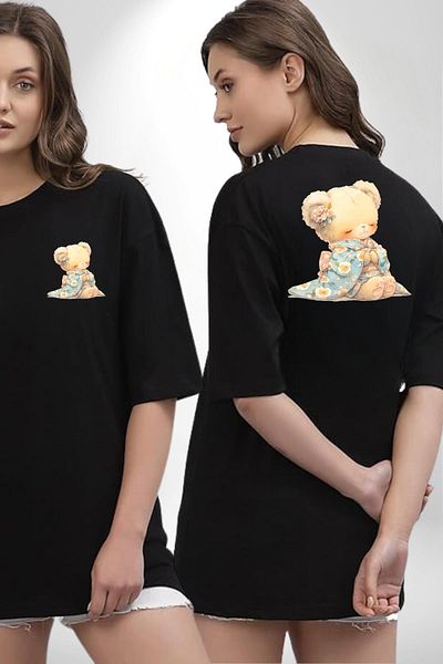 Angemiel Blue Floral Patterned Kimono Cute Teddy Bear Black Oversize Women's Men's Front and Back Printed T-Shirt