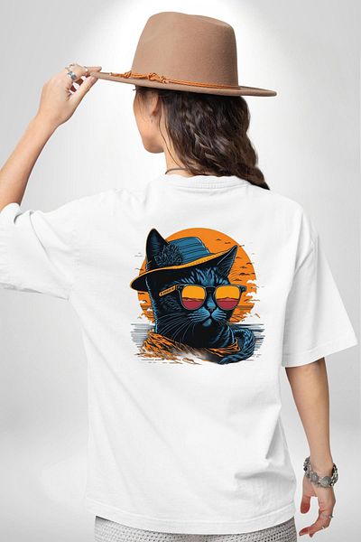 Angemiel Cool White Cat Glasses and Hat White Oversize Women's Men's Front and Back Printed T-Shirt