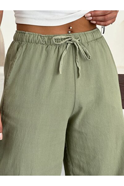 Swet Shop Jeans Жіночі літні штани з високою талією, широкими штанинами та кишенями, з еластичною талією та додаванням льону