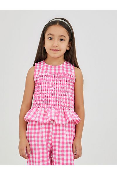 Styli Gingham Print Smocked Detail Top and Trousers Set