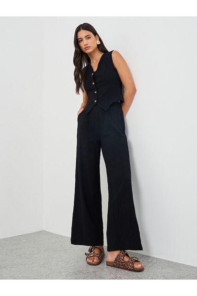 Styli Solid Sleeveless Waistcoat and Wide Leg Pants Co-Ords