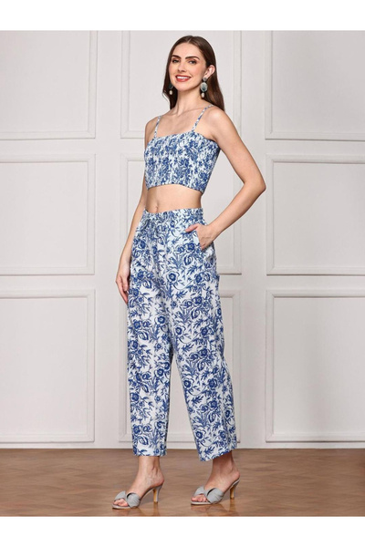 Ishin By Styli Floral Print Smocked Crop Top with Pants and Tunic Co-Ords