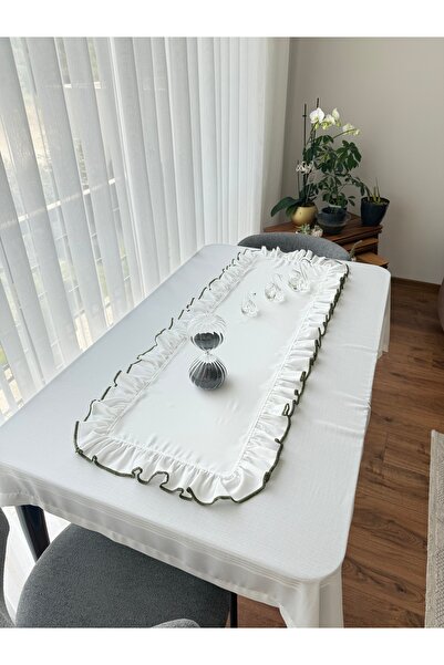 ARS DT Biyeli Görünümlü Fırfırlı Beyaz Keten RUNNER Şık Dekoratif 40X120 cm