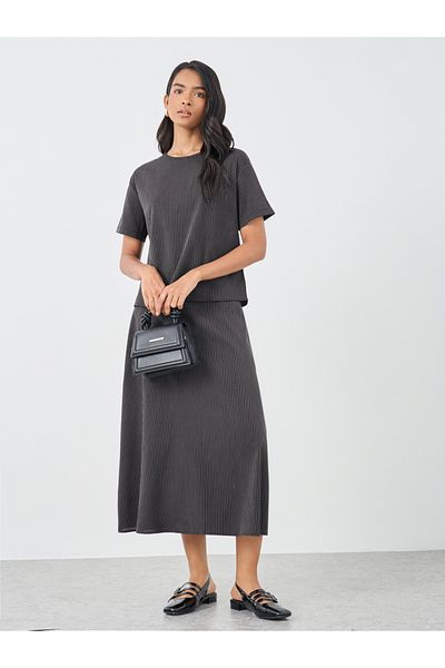 Styli Striped Round Neck Top and Midi Skirt Co-Ords