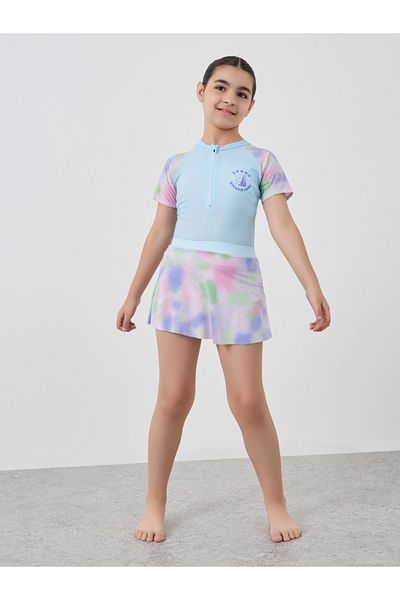 Styli Girls Blue Printed Raglan Sleeve Swimsuit