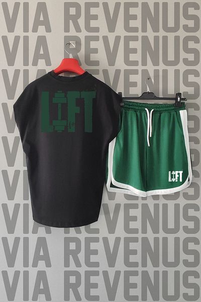 Vordevia Lift Back Printed Zero Sleeve Sports Tshirt and Green Shorts Sports Set