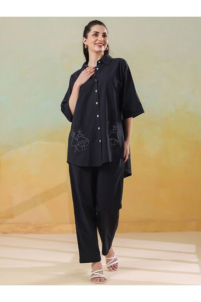 Sanskrutihomes By Styli Embroidered Spread Collar Cotton Shirt with Trousers Set