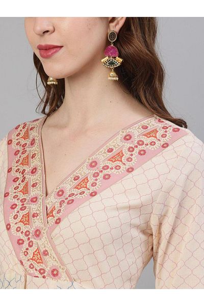 Ishin By Styli Printed V-Neck Kurta with Anarkali Dupatta Set