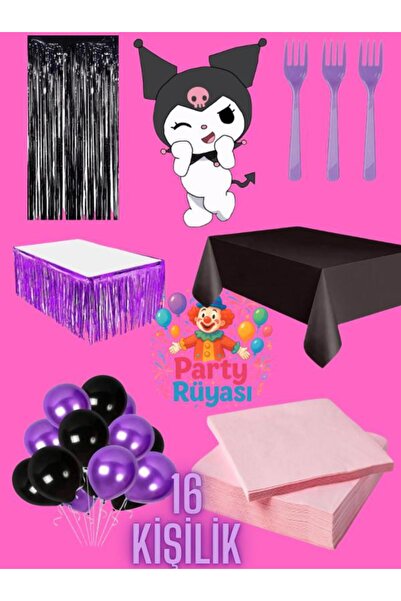 partyrüyası Kuromi Temalı 16 kişilik Doğum günü seti parti malzemeleri seti m...