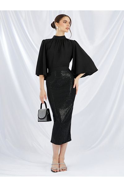 Styli Solid High Neck Top and Sequin Embellished Skirt Co-Ords