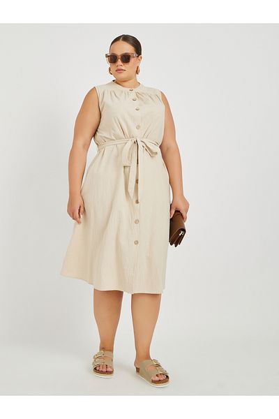 Styli Plus Size Sleeveless Buttoned Midi Dress with Tie-Up Belt Detail