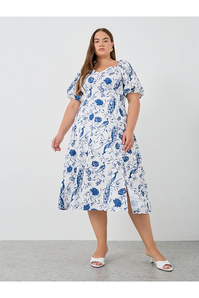 Styli Plus Size Puff Sleeve Printed Midi Dress