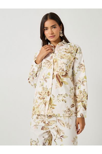 Styli Printed Long Sleeve Shirt with Wide Leg Pants Co-Ords