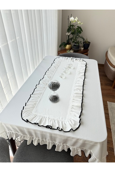 ARS DT Biyeli Görünümlü Fırfırlı Beyaz Keten RUNNER Şık Dekoratif 40X80CM