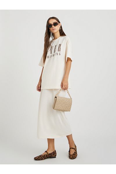 Styli Slogan Print Round Neck T-Shirt and Midi Skirt Co-Ords