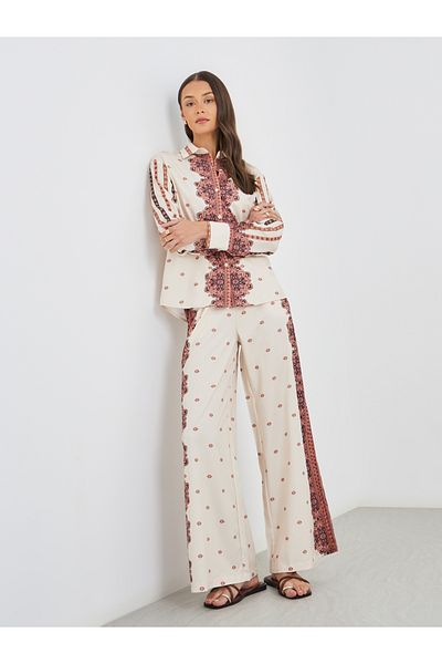 Styli Printed Long Sleeve Shirt and Wide Leg Pants Co-Ords