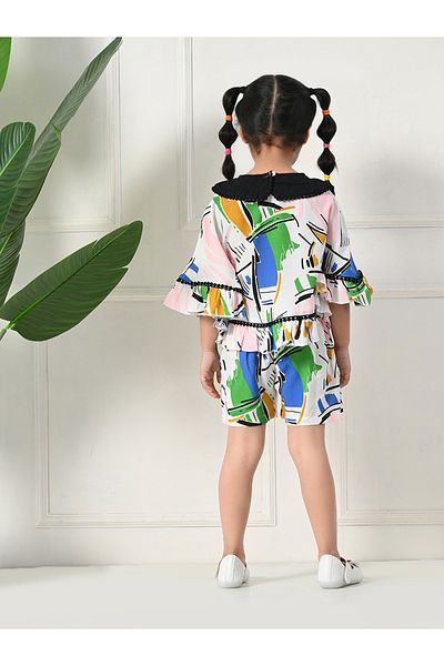 Bella Moda By Styli Printed Ruffled Hem Round Neck Top and Shorts Set