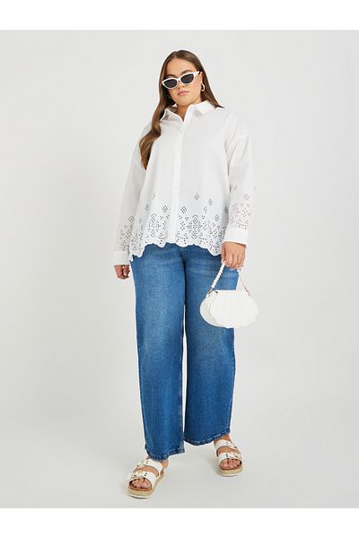 Styli Plus Size Scalloped Hem Spread Collar Shirt