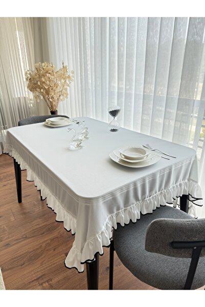 ARS DT Beyaz Keten Masa Örtüsü Fırfırlı Biye Görünümlü Dekoratif