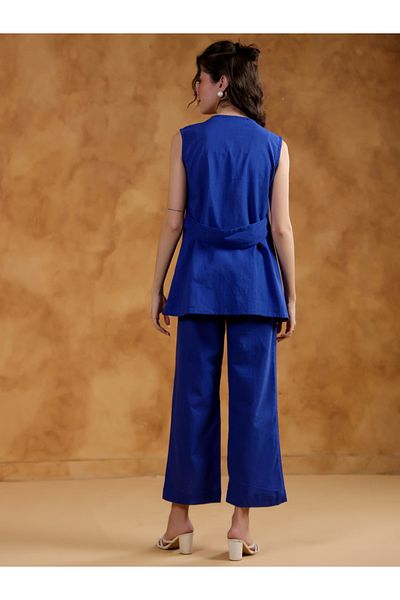 Sanskrutihomes By Styli Women Blue Solid Open Front Jacket and Pants Co-Ords