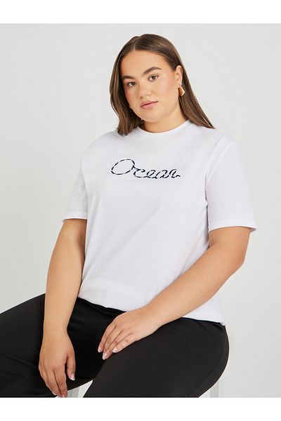 Styli Plus Size Embroidered Slogan Round Neck T-Shirt