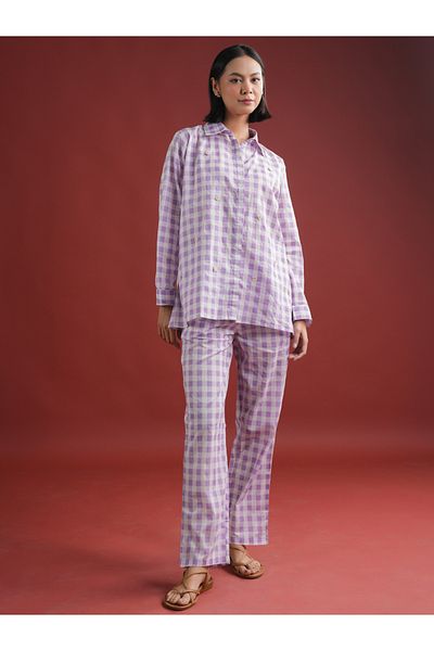 Sanskrutihomes By Styli Women Purple Checked Pure Cotton Shirt and Trousers Co-Ords