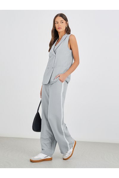 Styli Solid Shawl Collar Sleeveless Blazer and Side Stripe Straight Leg Pants Co-Ords