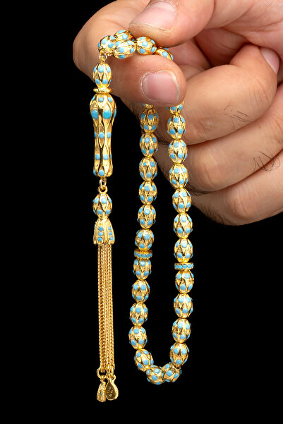 EHİNOS Sertifikalı Altın Kaplama Gümüş Tespih 6x8mm 43Gr Arpa Kesim