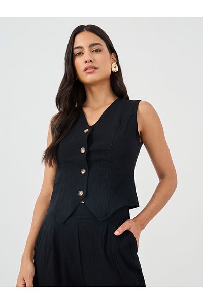 Styli Solid Sleeveless Waistcoat and Wide Leg Pants Co-Ords