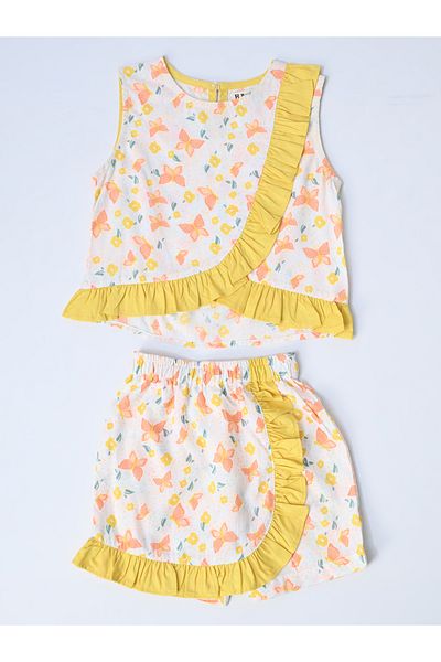 Bella Moda By Styli Printed Ruffled Trim Top and Shorts Set