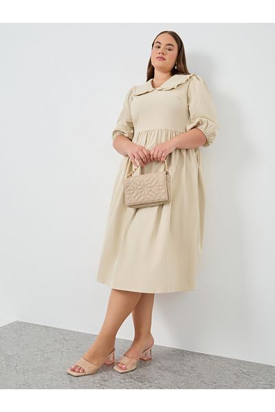 Styli Plus Size Peter Pan Balloon Sleeves A-Line Midi Dress