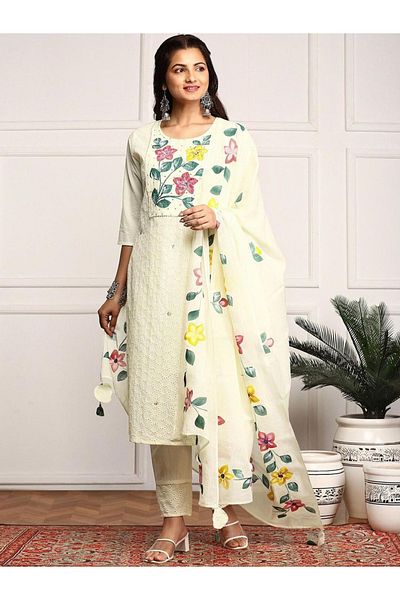 Ishin By Styli Floral Print Cotton Kurta with Trousers and Dupatta Set