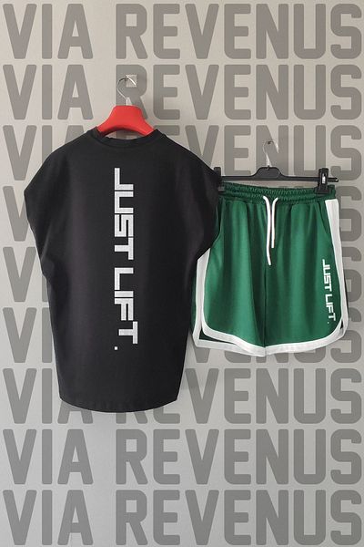 Vordevia Just Lift Back Printed Zero Sleeve Sports Tshirt and Green Shorts Sports Set