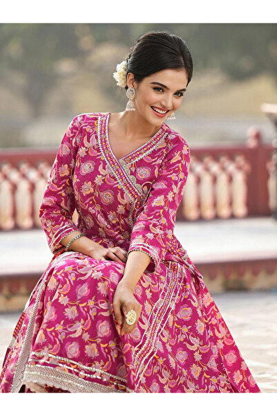 Ishin By Styli Floral Print Cotton Kurta with Trousers and Dupatta Set