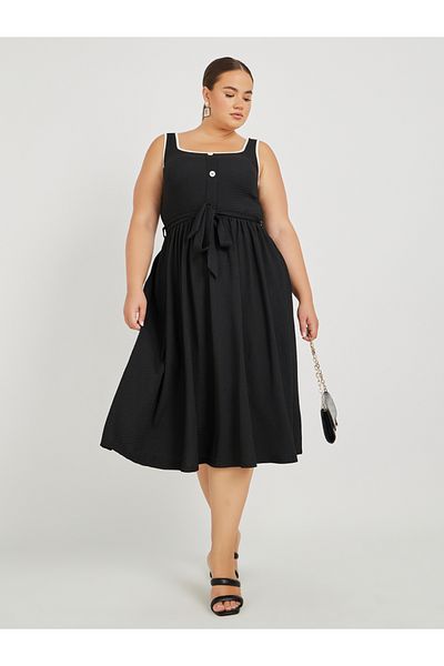 Styli Plus Size Textured Strappy Midi Dress with Tie-Up Belt Detail