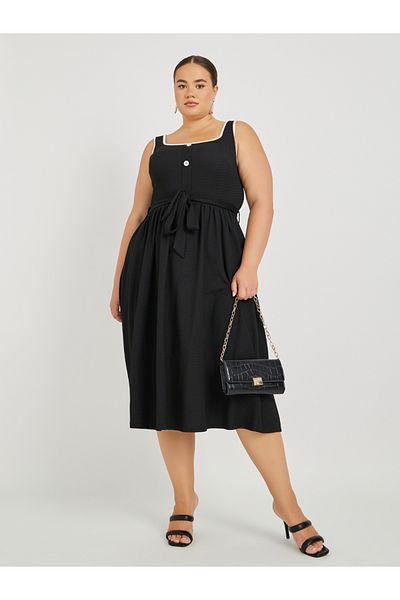 Styli Plus Size Textured Strappy Midi Dress with Tie-Up Belt Detail
