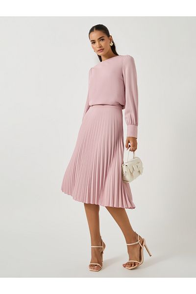 Styli Plain Volume Sleeves Top and Pleated Skirt Co-Ords