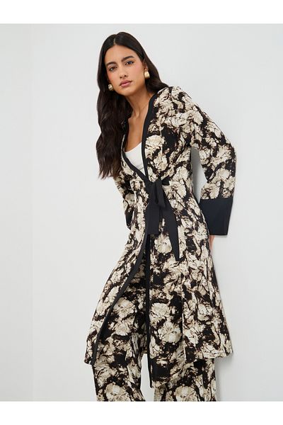 Keenly By Styli Floral Print Tie Waist Kimono with Wide Leg Pants Set