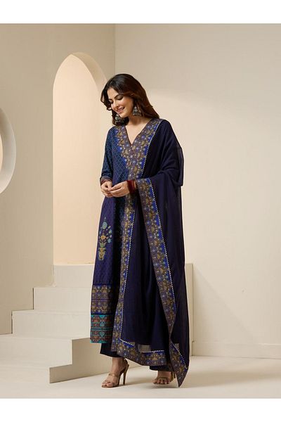 Ishin By Styli طقم كورتا قطنية مطبوعة مع بنطلون ووشاح