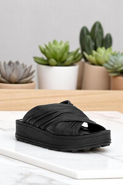 Mammamia D25Yt-1430 Black Genuine Leather Full Orthopedic Daily Women's Slippers