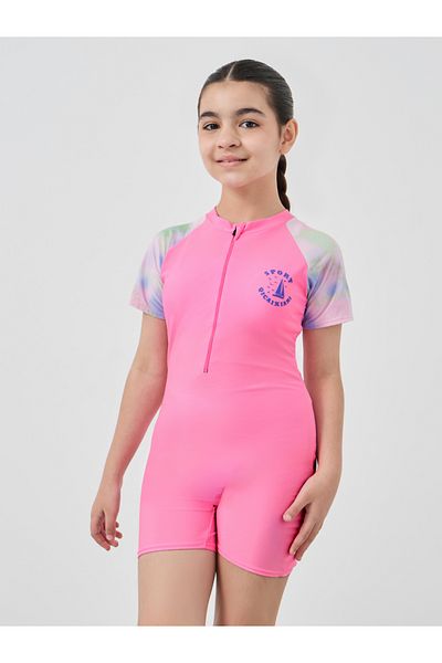 Styli Girls Pink Printed Raglan Sleeve Swimsuit