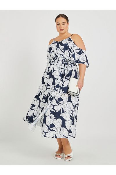 Styli Plus Size Cold Shoulder Floral Print Maxi Dress