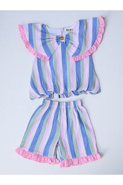 Bella Moda By Styli Striped Ruffled Detail Sleeveless Top and Shorts Set