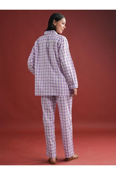 Sanskrutihomes By Styli Women Purple Checked Pure Cotton Shirt and Trousers Co-Ords