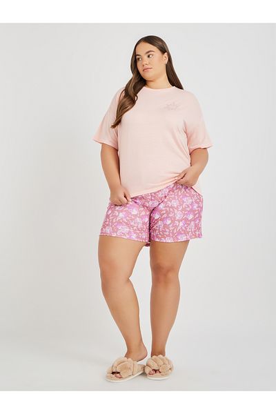 Styli Plus Size Back Graphic Print T-Shirt and All-Over Fruit Print Shorts Set