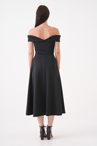 vuvutasarım Stretchy Diver Fabric Strapless Neckline Midi Length Flared Cutout Dress Black Dress 77128