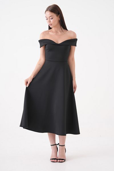 vuvutasarım Stretchy Diver Fabric Strapless Neckline Midi Length Flared Cutout Dress Black Dress 77128
