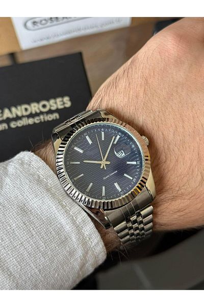 RoseandRoses Brutus New Season Men's Wristwatch with Calendar Silver (Navy Blue Dial)
