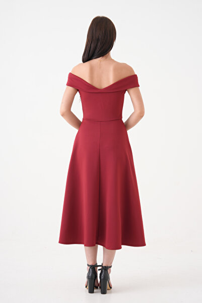 vuvutasarım Stretchy Diver Fabric Strapless Neckline Midi Length Flared Cutout Dress Burgundy Dress 77128