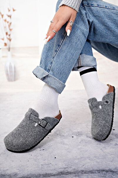 Polomia Comfort Kadın Unisex Mantar Taban Eva Konfor Moda Kışlık Önü Kapalı Keçe Model Sabo Günlük Rahat Ev Terlik
